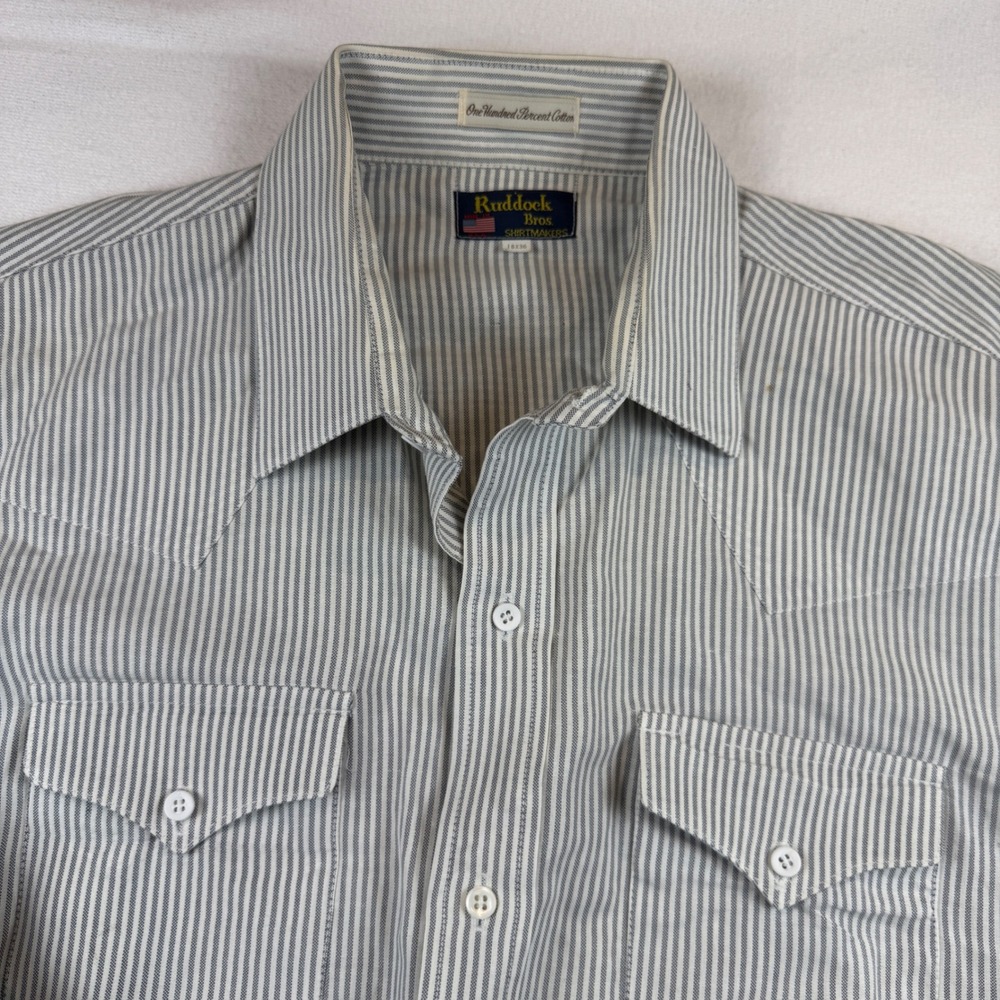 Ruddock Bros Western Shirt Mens 18x36‎ Blue White Striped Cotton Long Sleeve USA - Picture 7 of 8